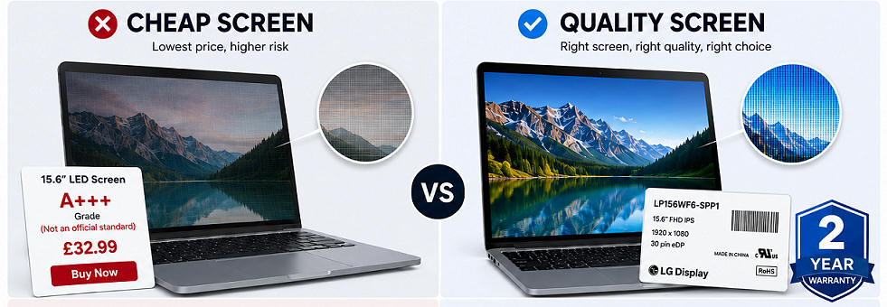 Cheap versus quality replacement laptop screen comparison showing why price alone should not decide which screen to buy