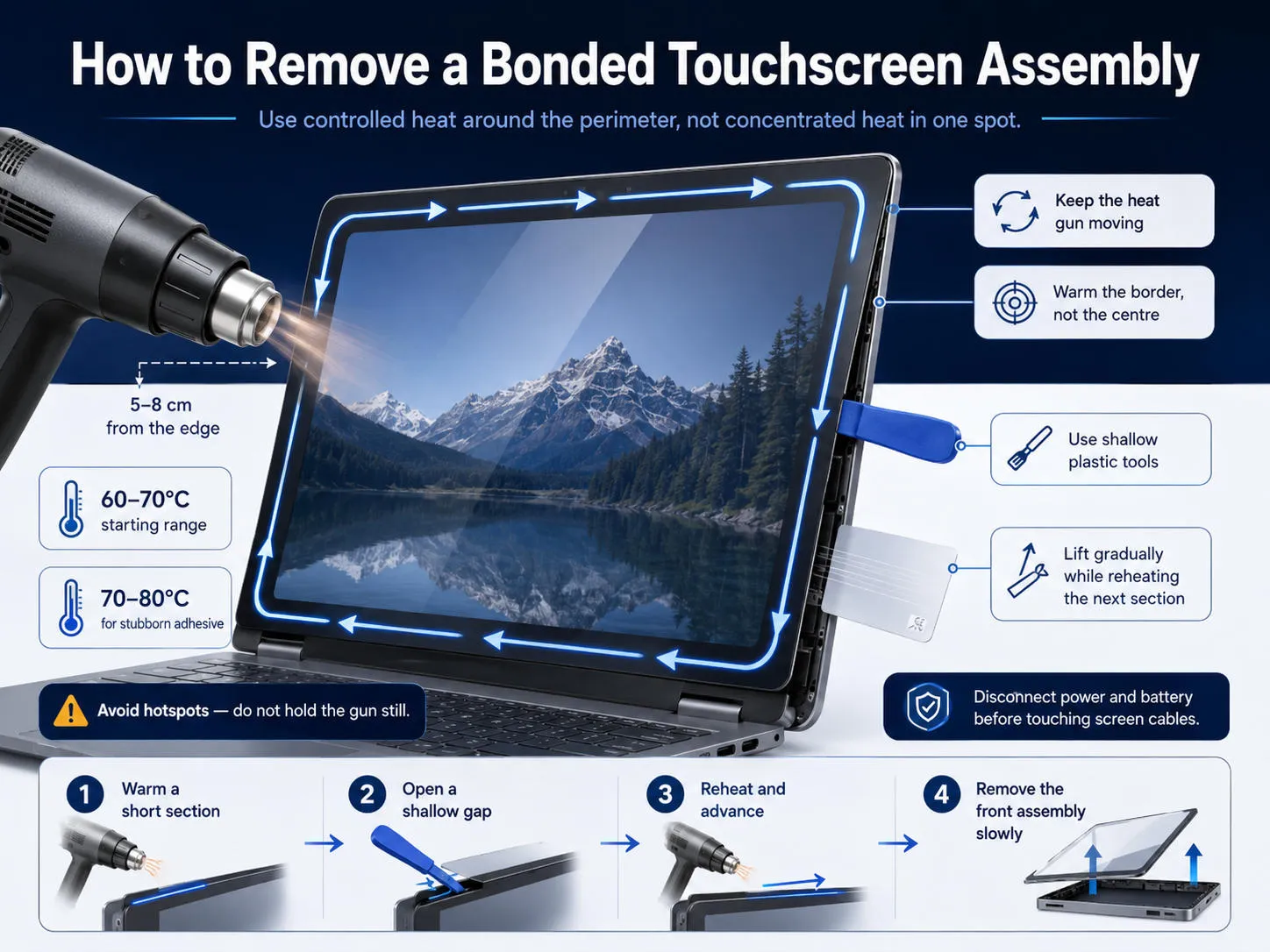 Diagram showing a heat gun moving around the perimeter of a bonded laptop touchscreen assembly while shallow plastic tools release the adhesive