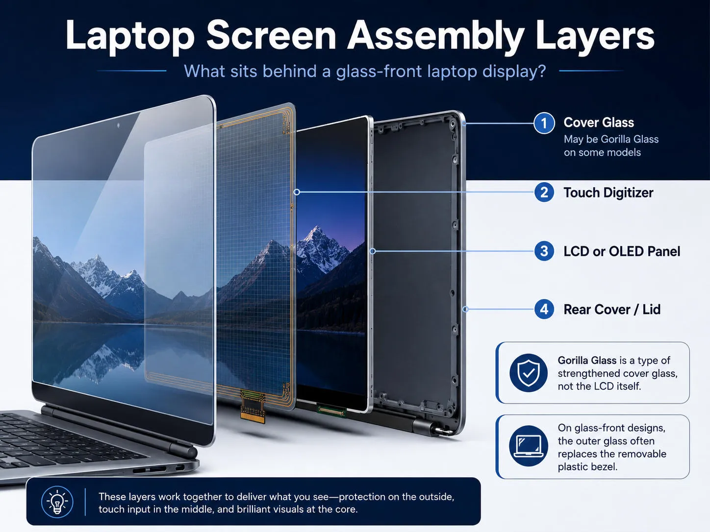 Exploded diagram showing the cover glass, touch digitizer, LCD or OLED panel and rear lid of a laptop screen assembly