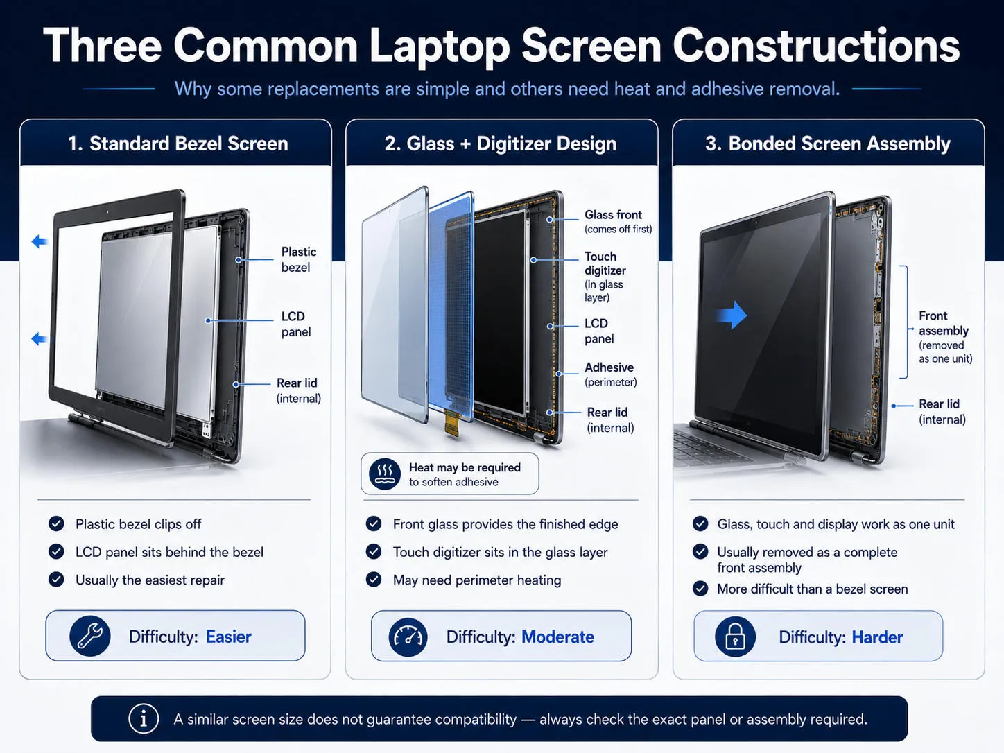 Comparison of a standard bezel laptop screen, a separate glass and digitizer design, and a bonded touchscreen assembly
